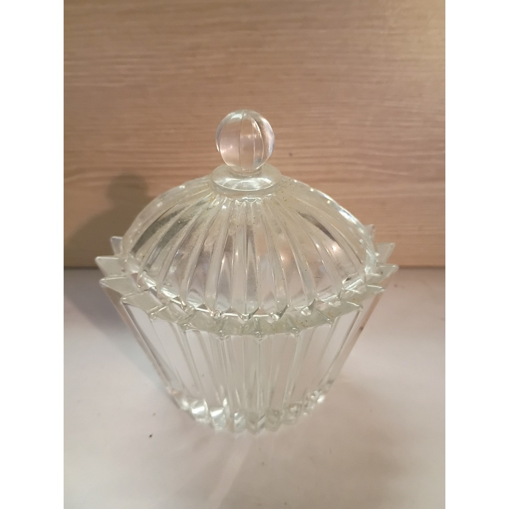 Vintage Clear Ribbed Glass Candy Dish with Lid Scalloped Sawtooth Rim Sugar Bowl